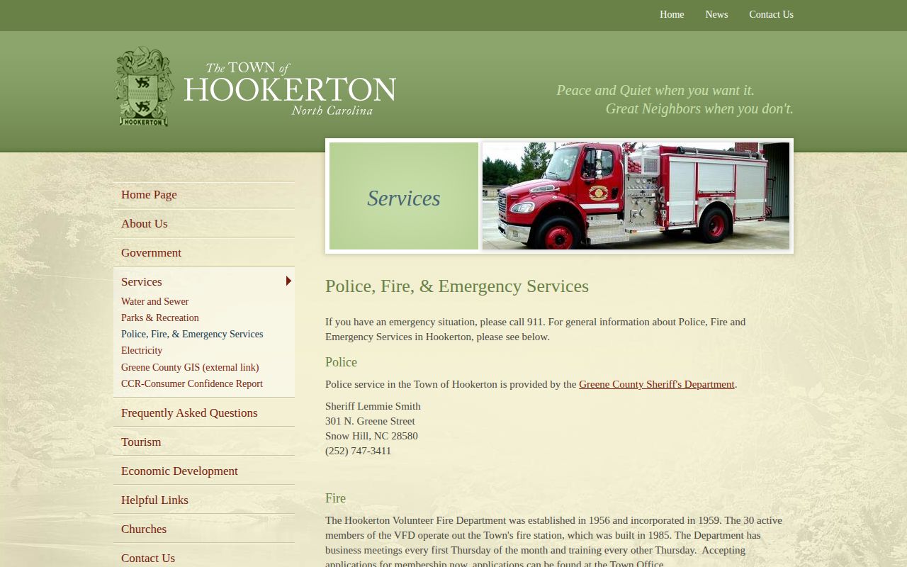 Official Hookerton services page stating that Greene County Sheriff provides town police service